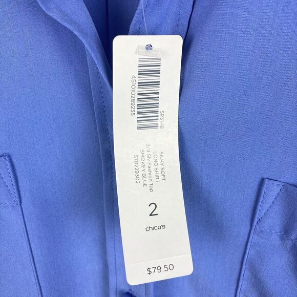 Chico’s Silky Soft Long Shirt Button Front Short Sleeve Top Smokey Blue sz 2/‎ L - Picture 4 of 8